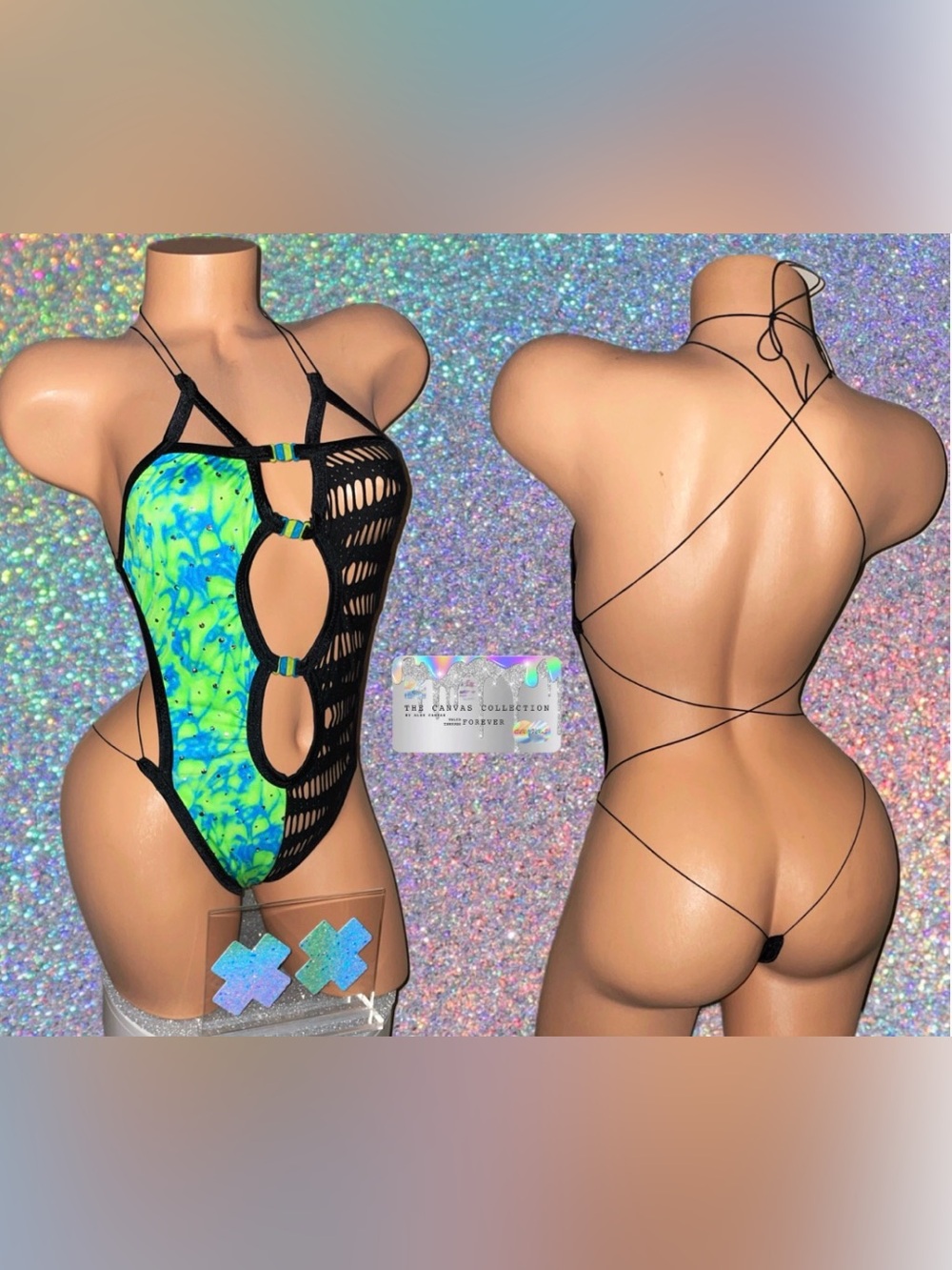 EXOTIC DANCEWEAR:One-Piece bodysuit Green & Black with rhinestones & pasties